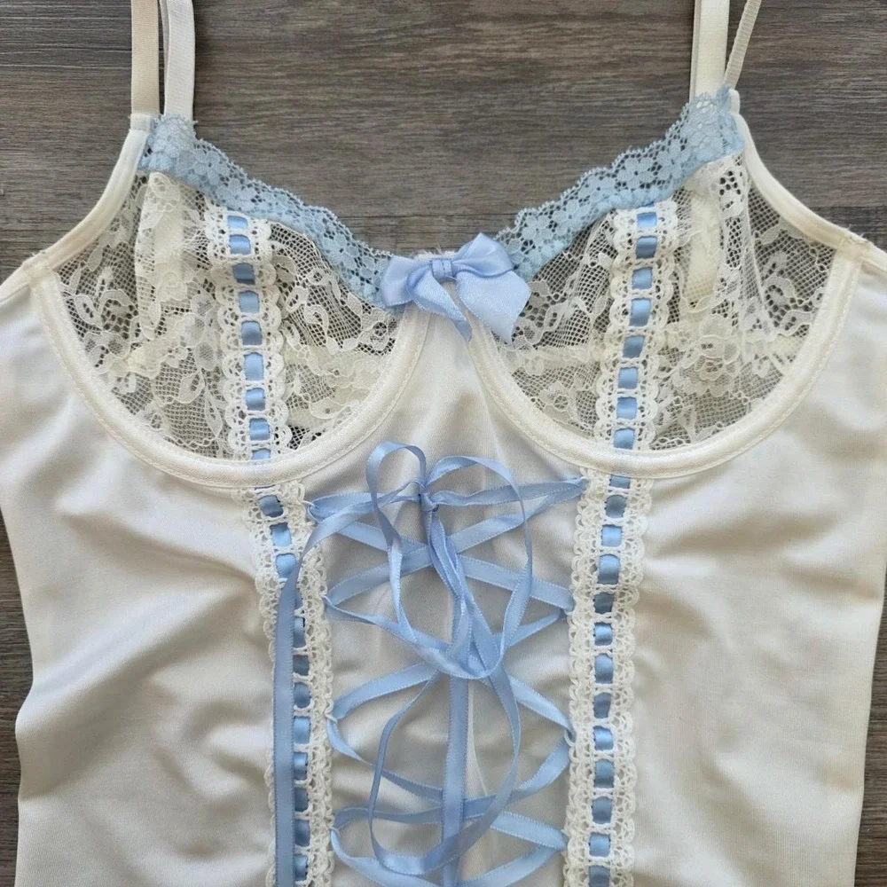 Vintage Unbranded Coquette Bustier Corset Top Blue Lace Ruffle Small